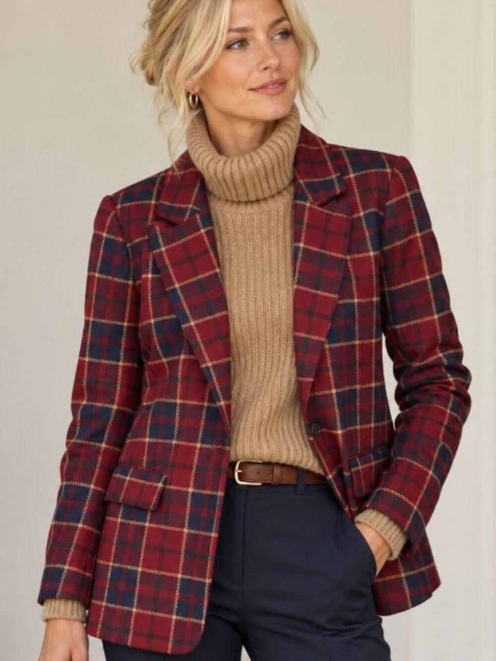Dollhouse burgundy/navy plaid blazer size L office tailored fall NWOT